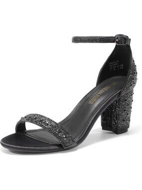 DREAM PAIRS Women's  Black Rhinestone Leather Chunk Low Heel Pump Buckle Sandals